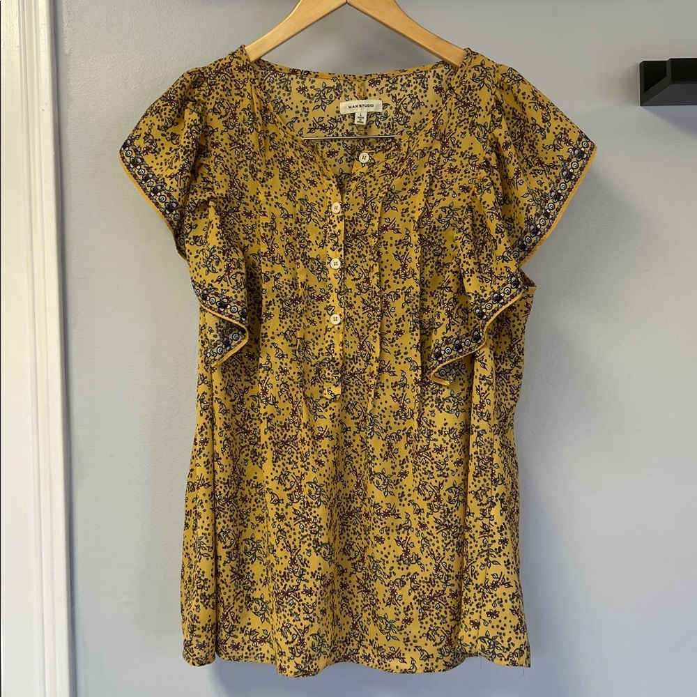Max Studio Mustard Floral Blouses Babydoll Style sz L - Picture 2 of 5